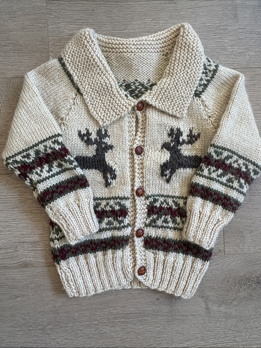 Hand Knit Wool Reindeer Cardigan – Kids Size 3-4